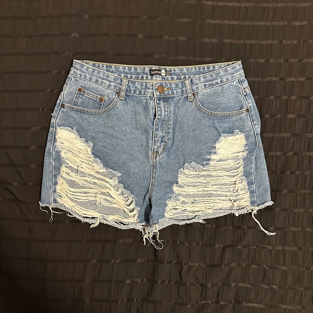 Boohoo Ripped Light Blue Jean Shorts